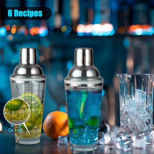 Ailelan Glass Cocktail Shaker with Strainer, 14oz Martini Shaker with 6 Recipes On Side, Clear Drink Shaker Bottle with Me...