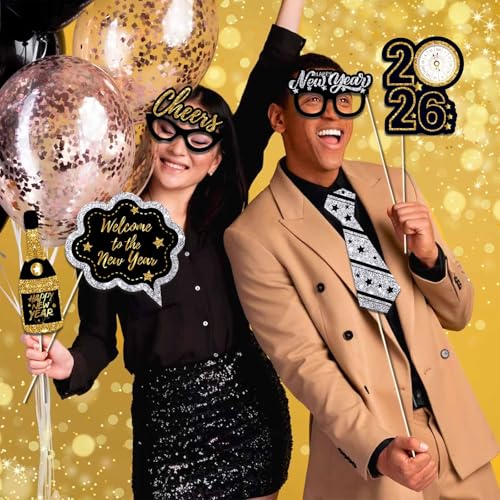 WEIKA, New Years Photo Booth Props 2026 - Huge, Pack of 30 | New Years Eve Photo Booth Props 2026 (Black Gold)