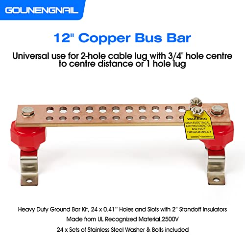 12" Heavy-Duty Copper Ground Bar Kit,Grounding Bus Bar,with 24 x 0.41’’ Holes & Slots and 2” x 2’’ Standoff Insulators Mad...