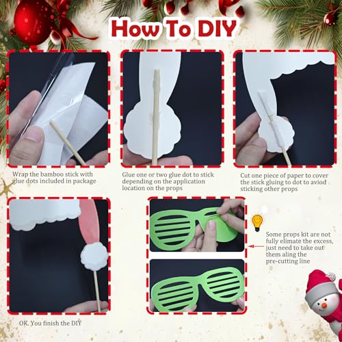 52 Pcs Christmas Photo Booth Props Kit, 20Pcs Glitter Eyeglasses Frame Hats Hairhoop and 32Pcs DIY Selfie Pose Signs for X...
