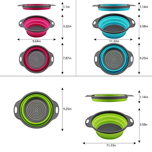 Qimh Collapsible Colander Set of 3 Round Silicone Kitchen Strainer Set - 2 pcs 4 Quart and 1 pcs 2 Quart- Perfect for Drai...