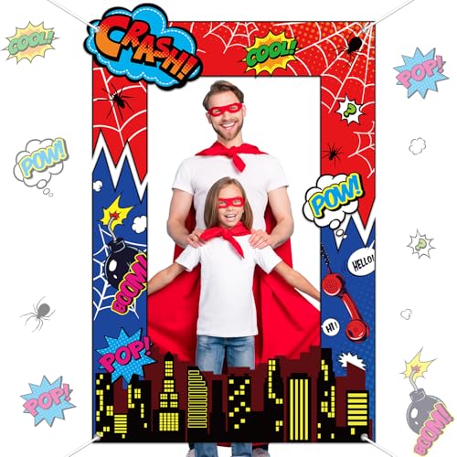 Fabric Comic Hero Photo Prop Super Theme Hero Birthday Party Decoration Red Spider Web Backdrop Banner Cityscape Theme Pho...