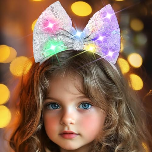 Formery Light Up Bowknot Headband Silver Sequin Bow Hairband Led Glitter Hair Accessories for Women