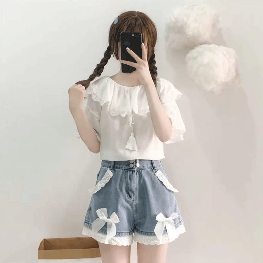 RILGOU Harajuku Y2K Style Pastel Kawaii Gothic High Waisted Straight Wide Leg Vintage Lace Knot-Bow Trim Denim Shorts S