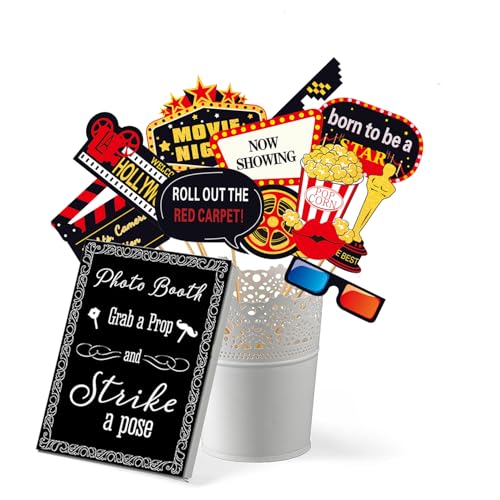 34pcs Hollywood Themed Movie Night Party Photo Booth Props, Hollywood Selfie Frame with Party Photo Props, Red Carpet Cuto...