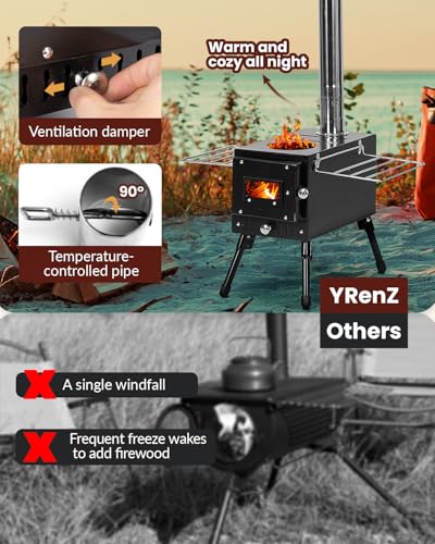 Wood Stove,YRenZ Hot Tent Stove with 7-Section Stainless Steel Chimney, HeatControl Stovepipe and Elbow Pipe, Wood Burning...