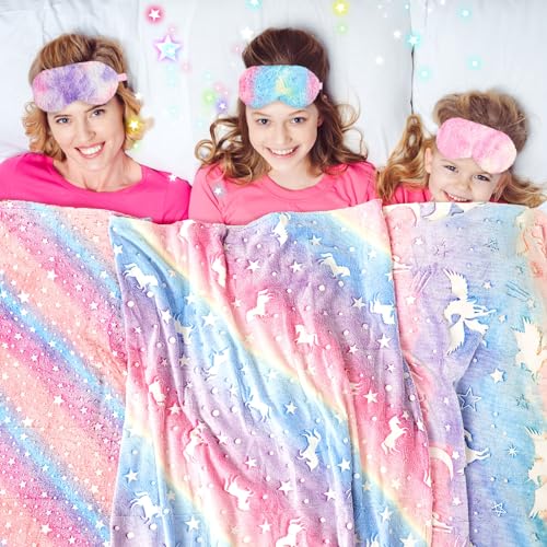 Fanfanwin 18 Pcs Sleepover Party Supplies, 6 Glow in The Dark Unicorn Blanket 6 Coral Fleece Headband 6 Plush Eye Mask Cov...