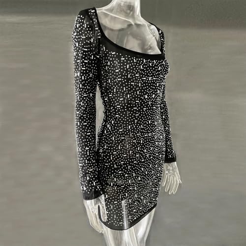 ODIZLI Short Dress for Women Sheer Mesh Long Sleeve Square Neck Rhinestones Semi See-Through Bodycon Mini Party Dresses