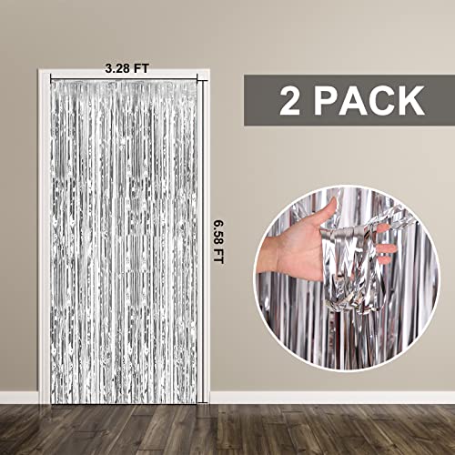 2 Pack Foil Curtain Backdrop Silver Metallic Tinsel Foil Fringe Curtains Photo Booth Props for Birthday Wedding Engagement...