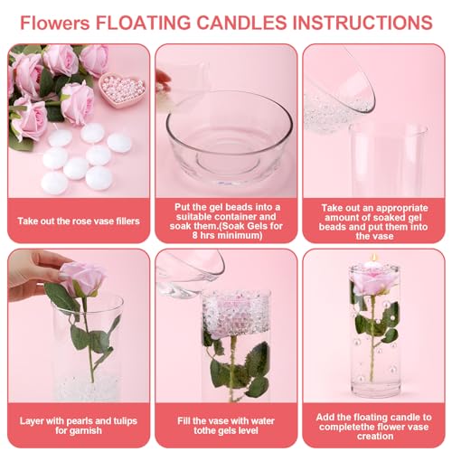 Riceshoot 326 Pcs Floating Flowers Vase Fillers Kit 12 Artificial Rose 12 Floating Candle Centerpieces 300 Pearl 2 Bags Wa...
