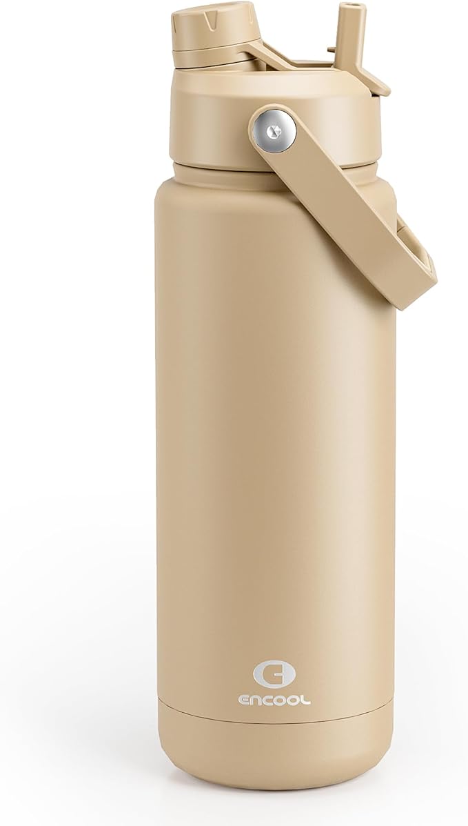 ENCOOL Insulated Water Bottle with Straw Stainless Steel Water Bottle, Leak-Proof, BPA-Free, Double Wall Vacuum Keeps Cold for 24 Hours for Sports, Travel, School (32 oz, Indian Khaki)