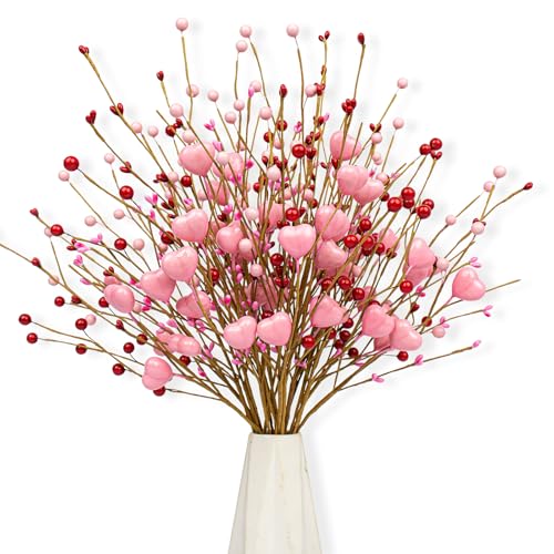 J'FLORU Valentine's Day Gifts Valentines Day Decorations 24 Pack Pink Heart Shaped Berry Picks with Red Berries for Valent...