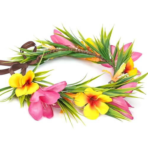 Hawaiian Leis Flower Crown - Artificial Tropical Flower Headpiece Hawaii Floral Headband with Ribbon Lei Luau Dress Up Hai...