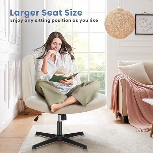 DUMOS Criss Cross Chair No Wheels Wide Cross Legged Office Desk Vanity Chair Comfy Fabric Armless Adjustable Swivel for Ho...