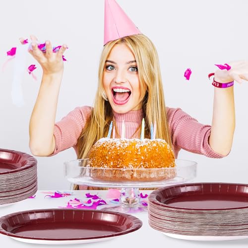 50Pcs Burgundy Oval Paper Plates 10" x 12" Heavy Duty Maroon Wine Dark Red Party Disposable Plates Valentines Day Dessert ...