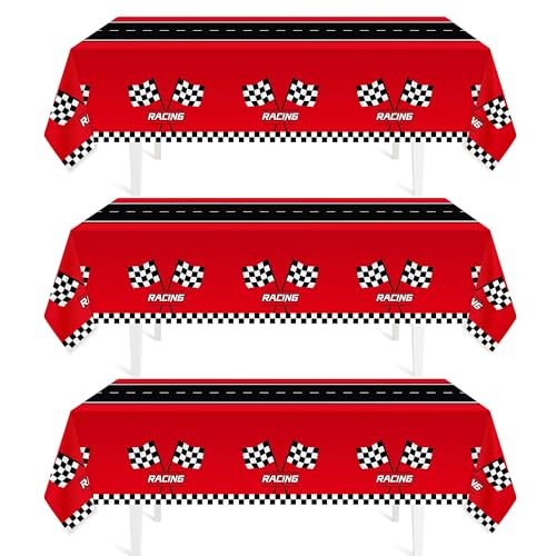 Childom 3Pcs Racing Car Plastic Tablecloth, Race Birthday Party Decorations, 54'' x 108'' Checkered Table Cloth Decor, Fav...
