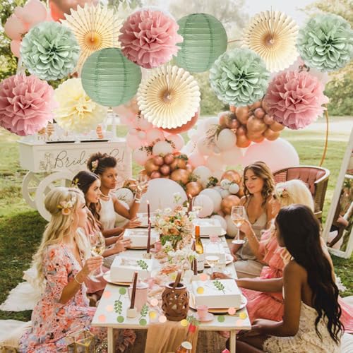 Dusty Pink and Sage Green Party Decorations Dusty Rose Sage Green Tissue Pom Poms Paper Lanterns Confetti Dots Scatter Tab...