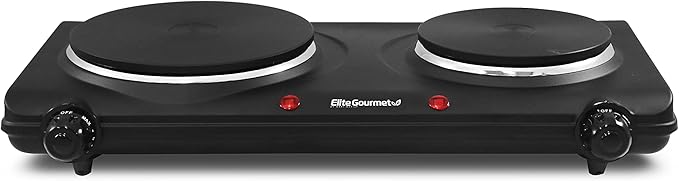 Elite Gourmet EDB-302BF Countertop Double Cast Iron Burner, 1500 Watts Electric Hot Plate, Temperature Controls, Power Ind...