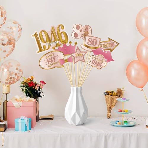 Kuxriox 21Pcs 80th Birthday Photo Booth Props for Women, Pink Rose Gold Vintage 1946 80 Birthday Selfie Props Kit with Sti...