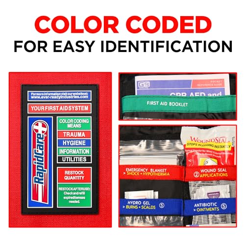 Rapid Care Premium Trauma First Aid Kit for Outdoors, Workplace, and Home - Exceed OSHA Guidelines and ANSI 2009 Standards...