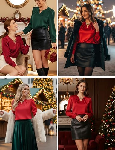 JASAMBAC Women's Satin Silk Blouses, Dressy Casual Long Sleeve Shirts, Trendy Business Work Tops Office Formal Spring Outfits