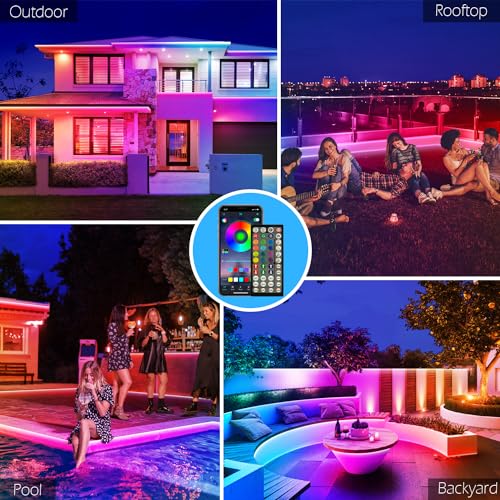 FBZ 60Ft Outdoor Waterproof LED Strip Lights,Music Sync RGB IP65 Led Lights with App Control and Remote,Color Changing Wat...