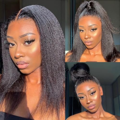 Kinky Straight Wig Human Hair 14 inch Glueless Kinky Straight 13x4 Lace Front Wig Pre Plucked HairLine with Baby Hair 180% Density Yaki Straight Wigs Natural Black Color