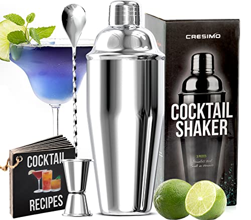 Cresimo 24oz Cocktail Shaker Set with Bar Accessories for Home Bar - Martini Shaker with Jigger and Drink Mixer Spoon - Al...
