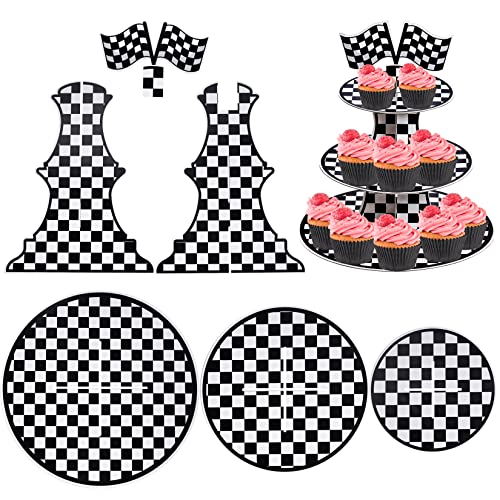 Hmxpls 3-Tier Round Cardboard Cupcake Stand, Racing Car Theme Cardboard Cupcake Holder, Car Theme Dessert Display Stand To...