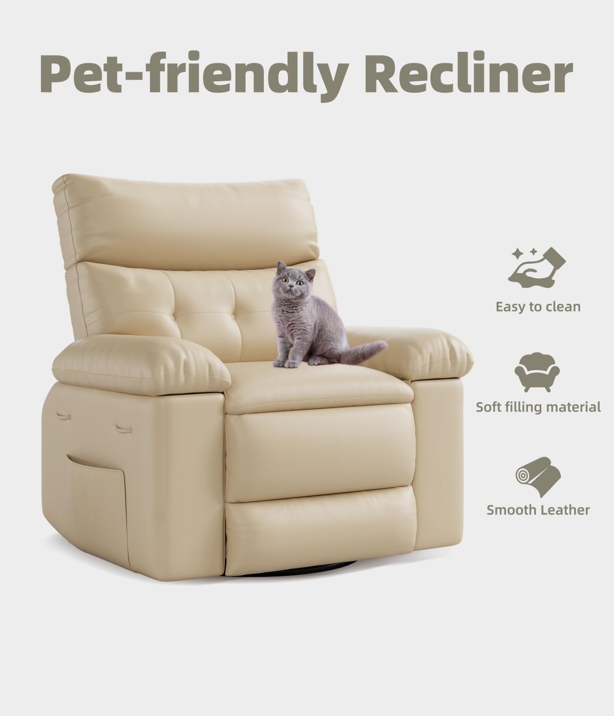 GarveeHome Oversized Recliner Chairs, Classic Manual Leather Recliner, Home Theater Seating with Lumbar & Arms Support for Living Room, Bedroom and Nursery - Beige