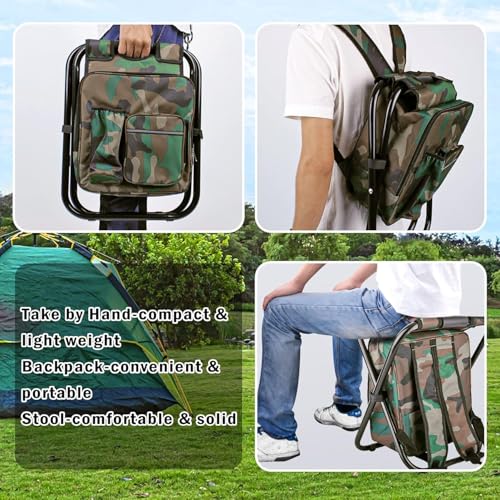Kikerike Folding Stool Backpack Insulated Cooler Bag, Collapsible Camping Hunting Fishing Multifunction Chair with Front P...