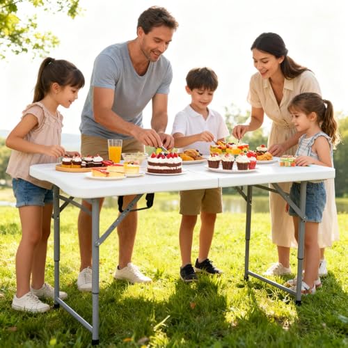 PIKAQTOP Folding Table, 4 FT Heavy Duty Plastic Foldable Table with Carrying Handle, Adjustable Height Portable Party Tabl...