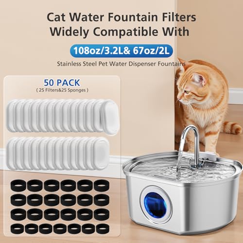 50 Pack Cat Water Fountain Filters for 108/3.2L& 67oz/2L Stainless Steel Pet Water Dispenser Cat/Dog Fountain Filter Repla...