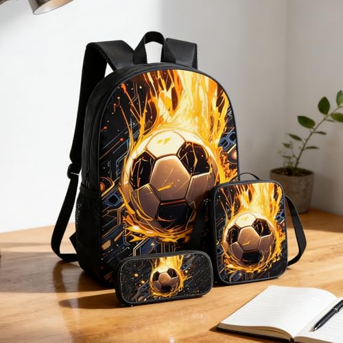 3-Piece Sports Theme Backpack Set - Green Soccer Ball Pattern Daypack with Insulated Lunch Bag and Pencil Case - Casual Gy...