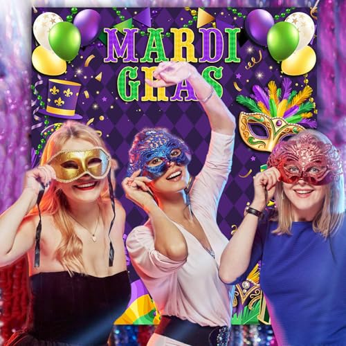 AIBIIN Mardi Gras Backdrop Mardi Gras Decorations Photo Booth Props Carnival Masquerade Mask Banner Purple Glitter Beads M...