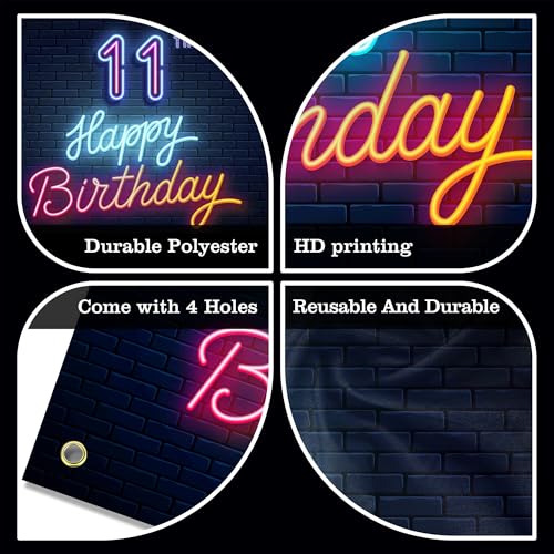 Neon Happy 11th Birthday Backdrop Banner Cool Glow Neon Theme Background Decor for Boys Girls Birthday Party Let’s Glow Pa...