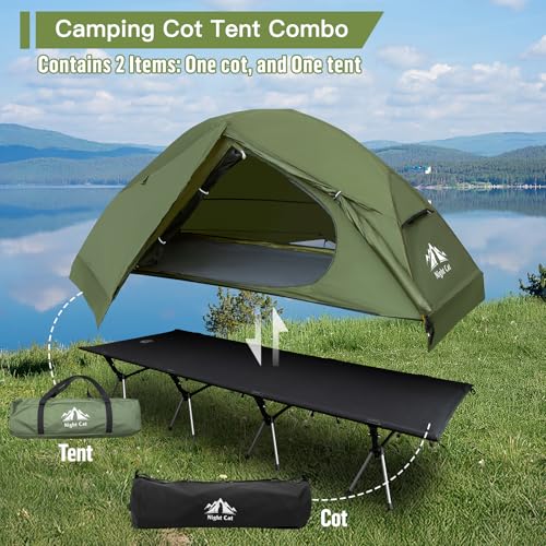 Night Cat Camping Cot Tent with Ultralight Backpacking Chair Waterproof 1-Person Off-Ground Combo Cot Bed for Adults Porta...