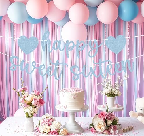 Pre-strung Happy Sweet Sixteen Banner - Light Blue Glitter 16th Birthday Party Decorations & Decor, Photo Booth Props
