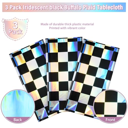 3Pack Black and Iridescent Checkered Plastic Tablecloth, Shiny Disposable Laser Rectangle Table Covers, Holographic Foil T...