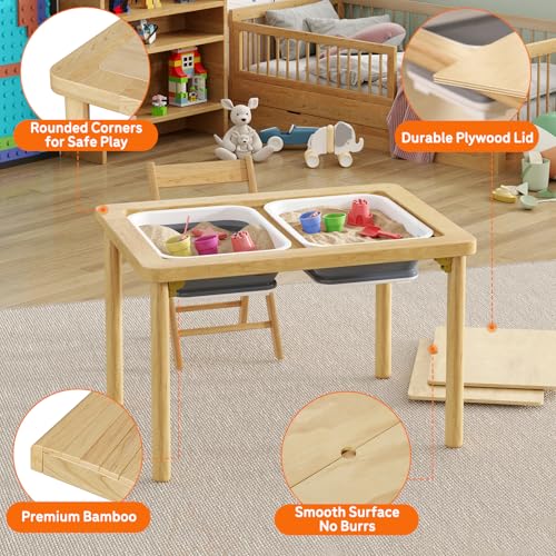 FUNLIO Foldable Wooden Sensory Table with 2 Bins & 1 Foldable Chair for Toddlers, Kids Sensory Table with Anti-Warping Ply...
