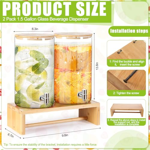 Honeydak 2 Pack 1.5 Gallon Glass Drink Dispensers for Parties, Beverage Dispenser with Stand Stainless Steel Spigot Bamboo...
