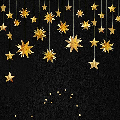 pinkblume Gold Party Decorations Star Garlands Streamer Gold 3D Stars Metallic Paper Hanging Bunting Banner for Birthday W...