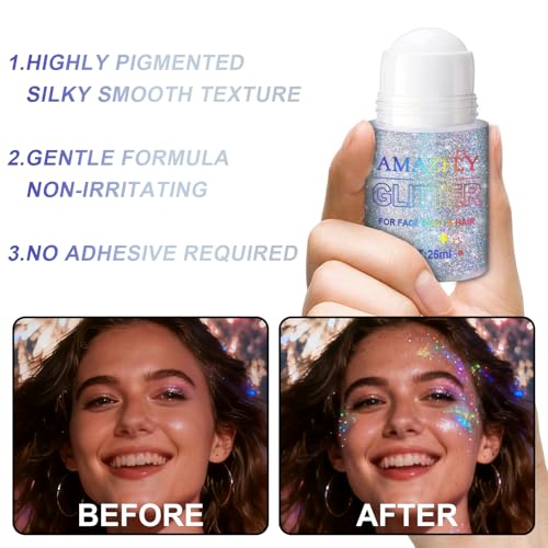 1PC Roll-on Holographic Body Glitter Gel for Body, Hair, Face, Chameleon Color Changing Glitter Gel Under Light, Chunky Me...