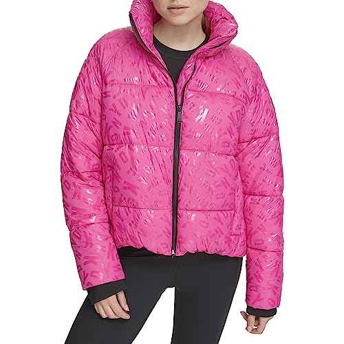 DKNY Women's Performance Repreve Fill Boxy High Low Puffer, Peacock Jumbled Logo