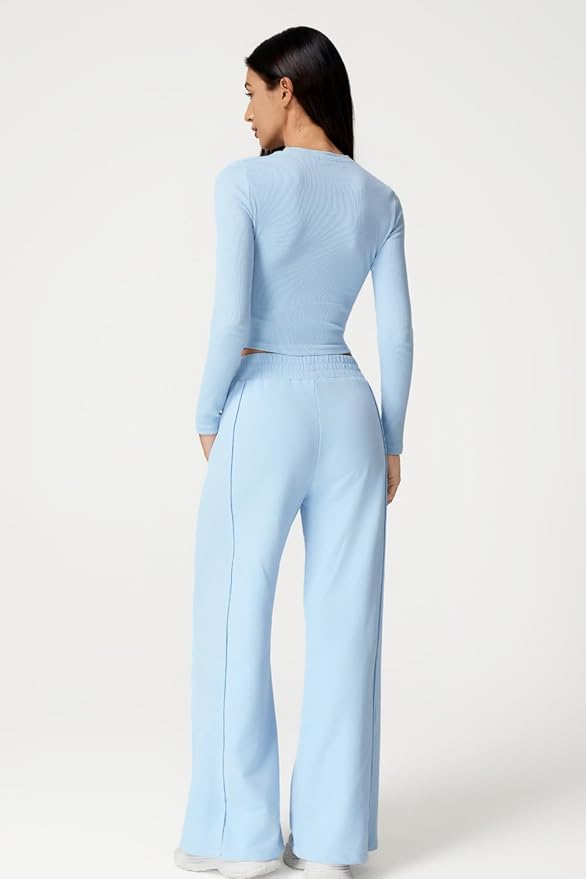 QINSEN Womens 2 Piece Sets Long Sleeve Slim Fit Crop Tops Wide Leg Pants Matching Lounge Set