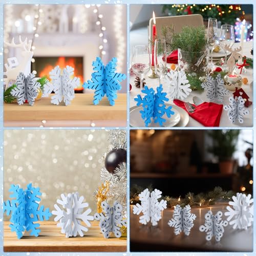 Wenqik 16 Pcs Winter Wooden Snowflake Decor Christmas Winter Snowflake Tabletop Decorations 3D Snow Table Signs Standing C...