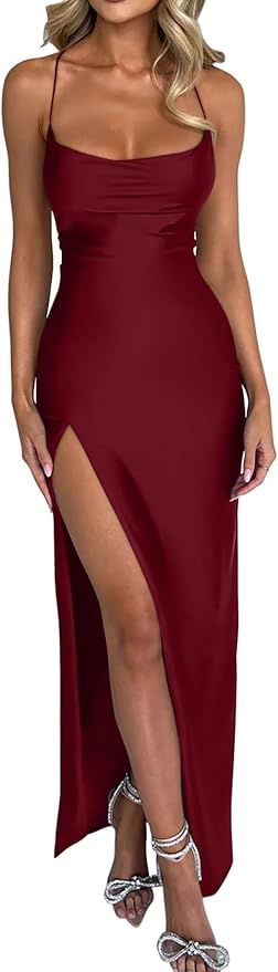 Memoriesea Women's Sexy Spaghetti Strap Bodycon Cowl Neck Party Cocktail Maxi Dress