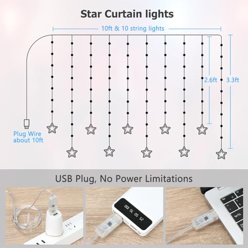 KepStars Star Curtain Lights, 10ft x 3.3ft RGB LED Color Changing String Fairy Lights Stars Curtain, Smart APP & IR Remot...