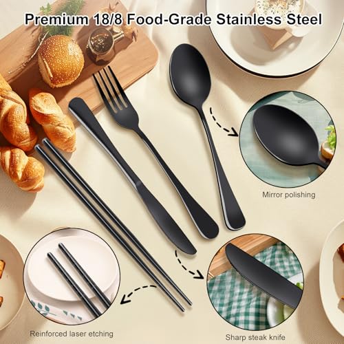 Reusable Travel Utensils Set with Case, Premium Stainless Steel Flatware, Portable Silverware for Lunch, Camping, Picnic, ...