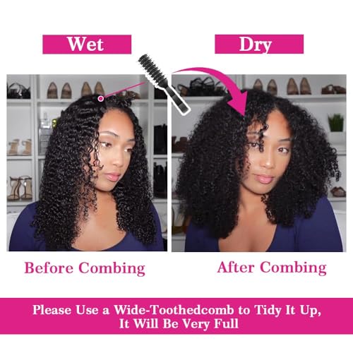 Afro Kinky Curly Human Hair Half Wigs for Black Women Wear & Go Glueless Wigs Human Hair Seamless Kinky Curly Flip Over Drawstring Clip in Half Wig No Sew In 200% Density Natural Color 16 Inch